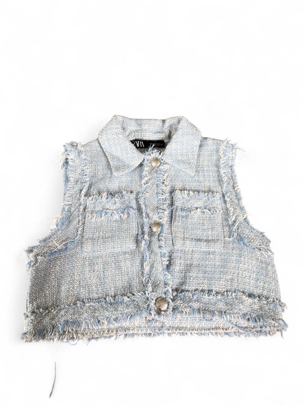 Zara Light Blue Frayed Tweed Vest